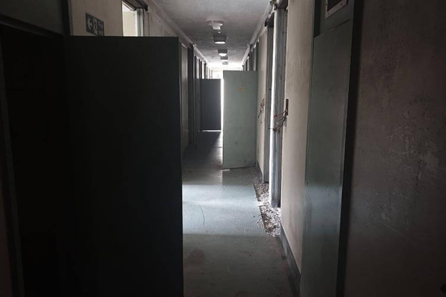 Ashwell Prison. Dark haunted corridor, spooky hallway