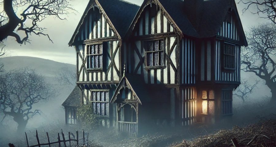 A highly realistic, eerie Tudor-style haunted house in the UK, featuring dark timber framing, weathered white plaster walls, and a steeply pitched roof. The scene is enveloped in dense mist, with twisted, leafless trees surrounding the property. Dim lighting casts long shadows, while faint ghostly glows appear in the windows, hinting at paranormal activity. The fog-covered rolling hills in the background add to the mysterious and ominous ambiance.