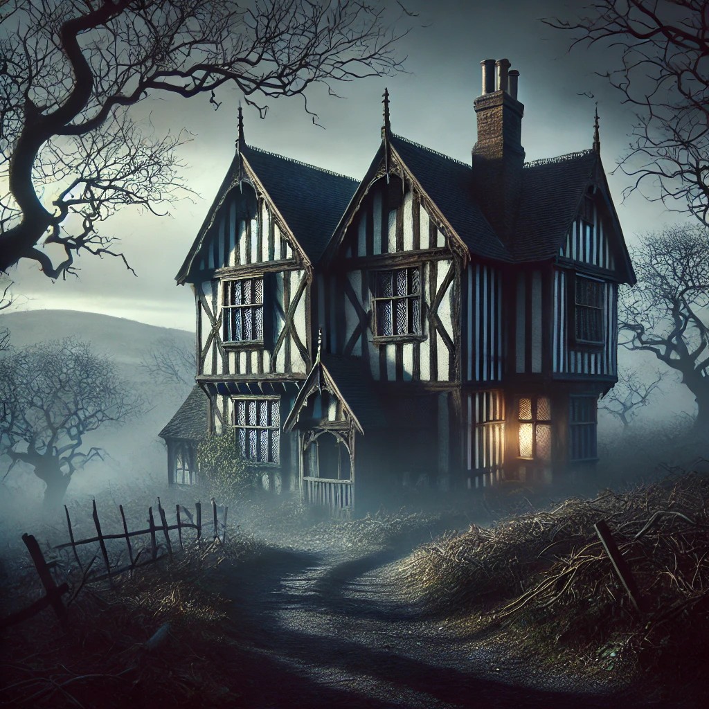 Blog 28 A highly realistic, eerie Tudor-style haunted house in the UK, featuring dark timber framing, weathered white plaster walls, and a steeply pitched roof. The scene is enveloped in dense mist, with twisted, leafless trees surrounding the property. Dim lighting casts long shadows, while faint ghostly glows appear in the windows, hinting at paranormal activity. The fog-covered rolling hills in the background add to the mysterious and ominous ambiance.