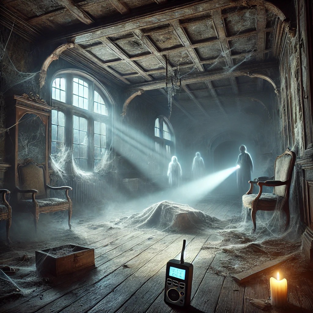 Blog 26 A photorealistic scene of a real ghost hunt inside a long-abandoned, decayed mansion. A lone ghost hunter cautiously explores the eerie space, holding a modern ghost hunting device like a spirit box or EMF reader. The mansion appears untouched for decades, with cobweb-covered walls, broken furniture, and thick dust settling over everything. The only source of light comes from the hunter’s flashlight, casting long shadows. Mist swirls across the wooden floorboards, and a faint ghostly apparition lingers in the background, adding to the chilling atmosphere. This haunting image captures the suspense and isolation of a real ghost hunt.