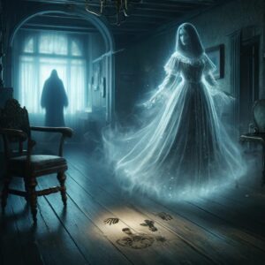 A Real Ghost Hunt: Behind the Scenes - What to Expect 1 A photorealistic scene from a real ghost hunt inside a dark, abandoned mansion. A translucent Victorian-era lady ghost, dressed in a flowing gown, hovers faintly in the air, representing disembodied voices. In the background, a shadowy figure lurks in the dimly lit corner. A dusty surface displays a mysterious handprint, symbolizing unexplained touches. In the foreground, an object appears mid-air, as if being moved by an unseen force. The eerie atmosphere, swirling mist, and flickering shadows capture the chilling essence of a real ghost hunt. This haunting image aligns with the blog title, 'A Real Ghost Hunt: Behind the Scenes - What to Expect.'"