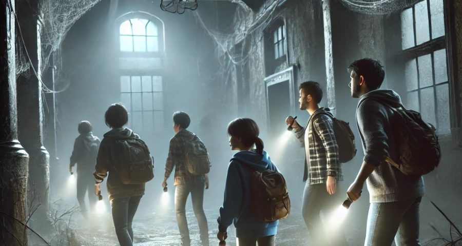 image of a small group of no more than four young and older adults cautiously exploring a dark, abandoned building during their first ghost hunting for beginners experience. The eerie setting features decayed walls, cobwebs, and thick layers of dust, suggesting the location has been untouched for decades. The group moves hesitantly, their nervous expressions illuminated by the dim glow of their torches. Mist lingers in the air, adding to the unsettling atmosphere. This image aligns with the blog title, 'Ghost Hunting for Beginners: How to Prepare for Your First Paranormal Investigation.'"