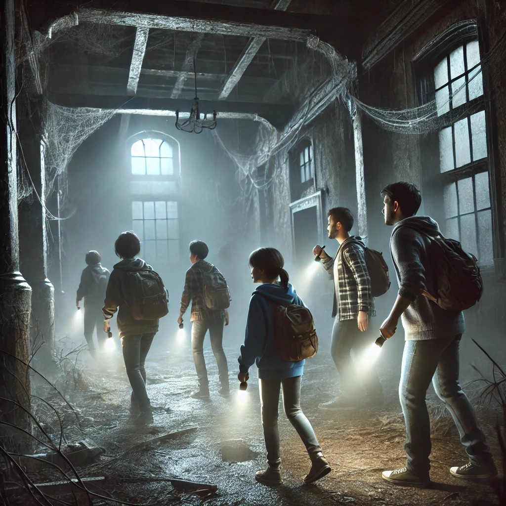 Blog 24 image of a small group of no more than four young and older adults cautiously exploring a dark, abandoned building during their first ghost hunting for beginners experience. The eerie setting features decayed walls, cobwebs, and thick layers of dust, suggesting the location has been untouched for decades. The group moves hesitantly, their nervous expressions illuminated by the dim glow of their torches. Mist lingers in the air, adding to the unsettling atmosphere. This image aligns with the blog title, 'Ghost Hunting for Beginners: How to Prepare for Your First Paranormal Investigation.'"