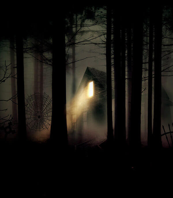 house in fog with light coming from window