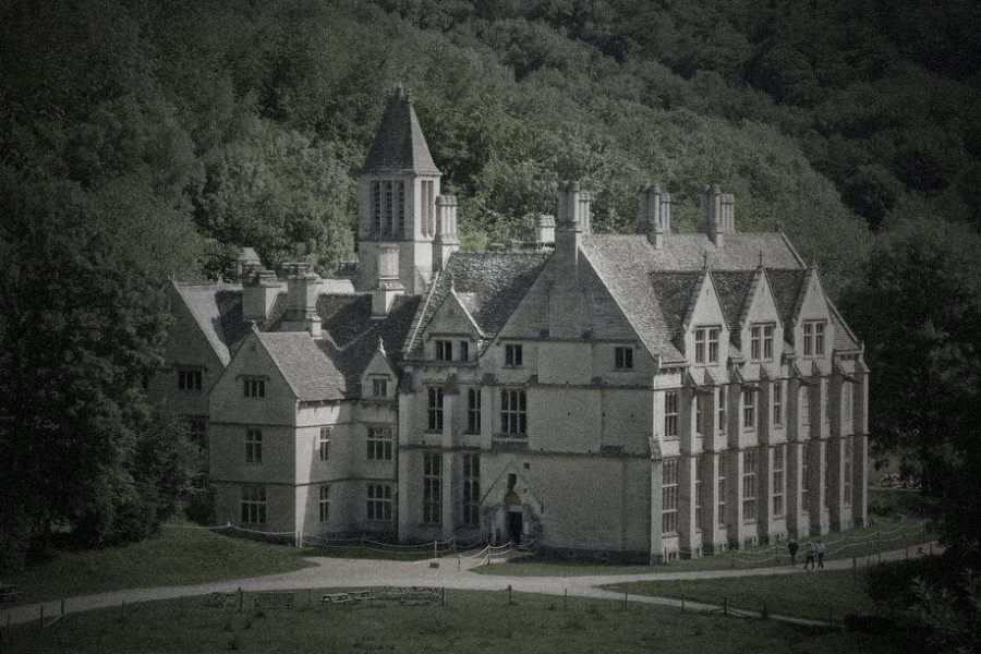 Woodchester Mansion exterior|Woodchester Mansion windows and tapestry|Woodchester Mansion hallway|Woodchester Mansion hallway|Woodchester Mansion gate|Woodchester Mansion masonry|Woodchester Mansion vaulted ceiling with window|Woodchester Mansion empty room|foggy forest