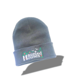 Gift Shop 8 a grey beanie with a haunted houses logo on it