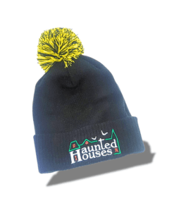 Gift Shop 14 a black and yellow beanie with a yellow pom haunted houses brand