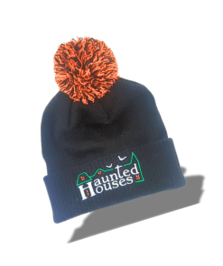 Gift Shop 13 a black and orange beanie with a pom haunted houses brand
