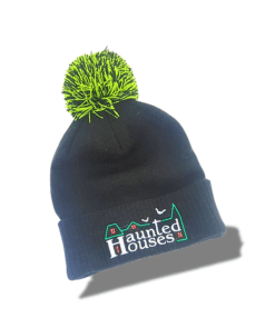 Gift Shop 15 a black and green beanie with a pom Haunted Houses logo brand