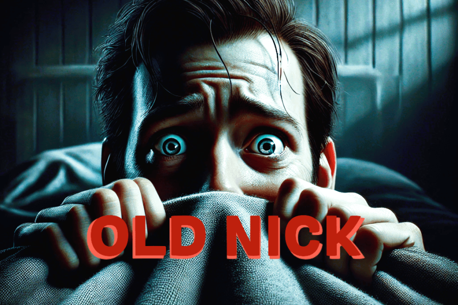 A terrified person peeking over a blanket in a dimly lit room, their wide eyes expressing fear. Shadows on the walls enhance the eerie atmosphere, creating a suspenseful and chilling mood suitable for a ghost hunting event hosted by Haunted Houses.